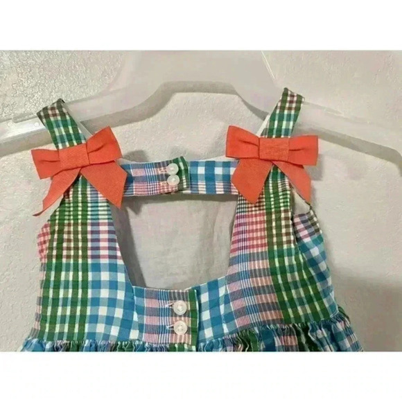 Janie and jack Kids Plaid Dress Coral Bows Ruffle Summer Picnic Outfit sz 12-18 - Picture 4 of 4